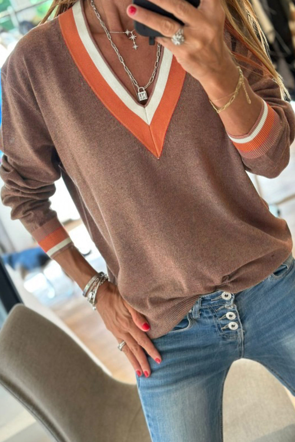 Dark Khaki Varsity Sweater With Contrast Striped Trim V Neck Dear-Lover Dropshipping