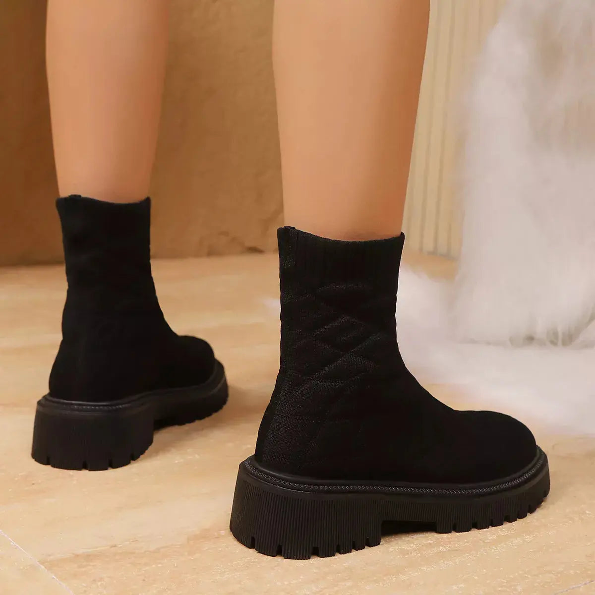Black Knit Sock Boots With Round Toe And Low Heel Thick Lug Sole Simply Love