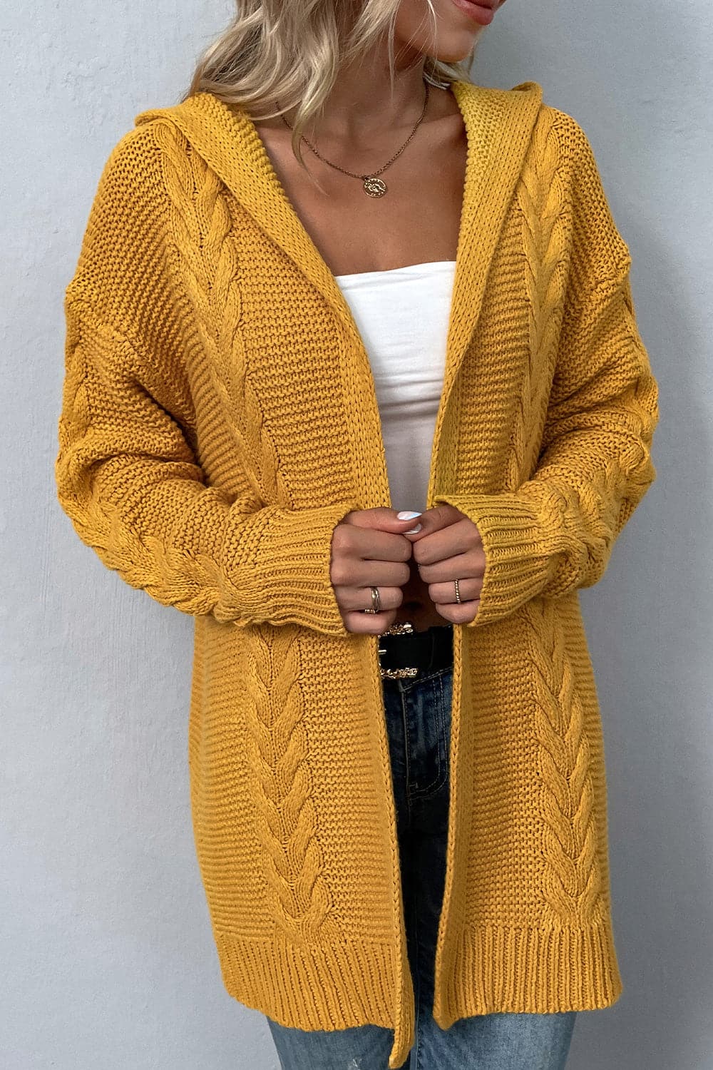 Cable-Knit Dropped Shoulder Hooded Cardigan.