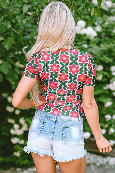 Vibrant red retro floral crew neck tee for a stylish look