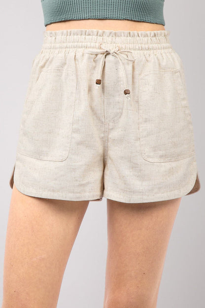 VERY J Drawstring Elastic Waist Linen Shorts.