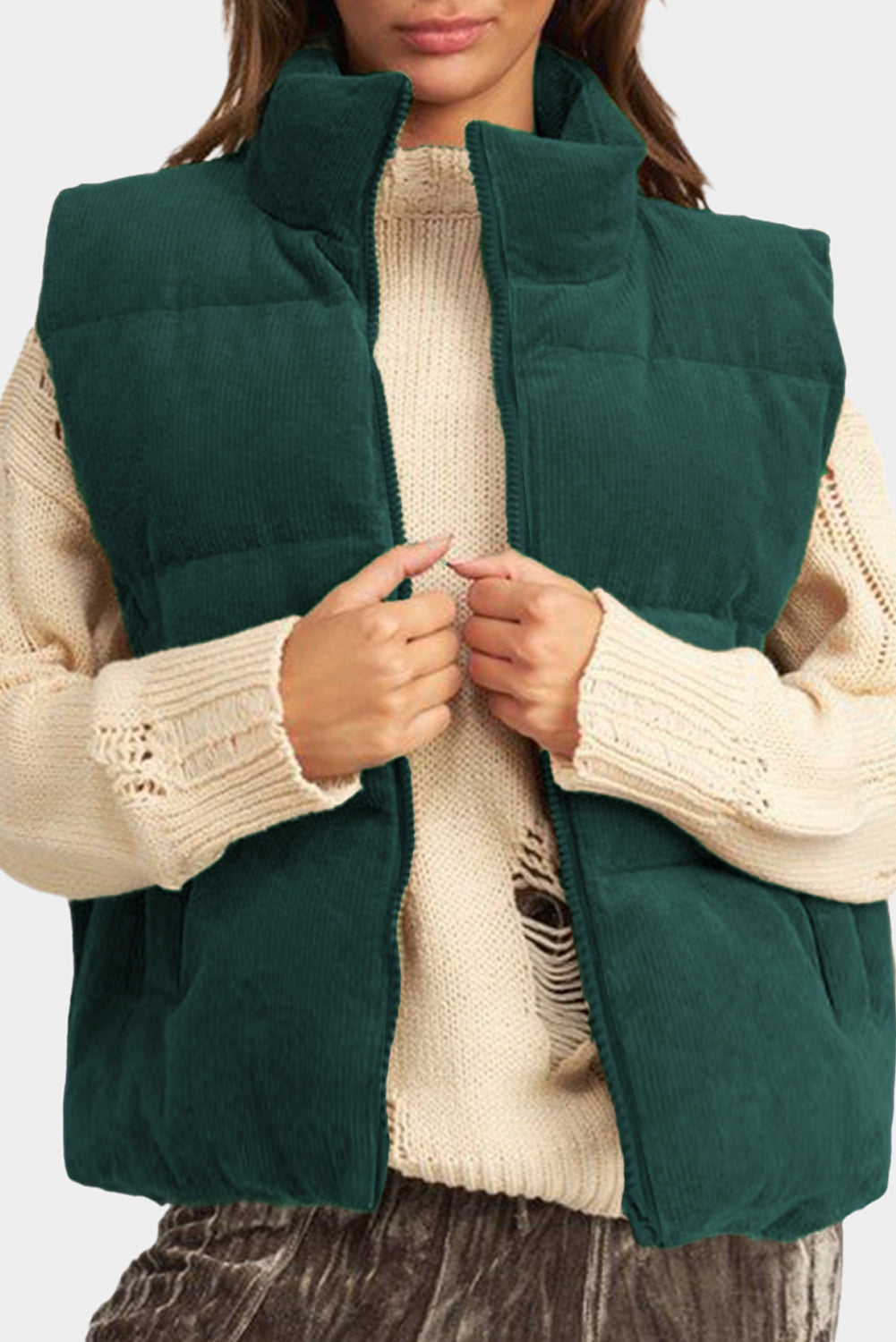 Jungle Green Corduroy Zipped Puffer Vest with Stand Neck Design