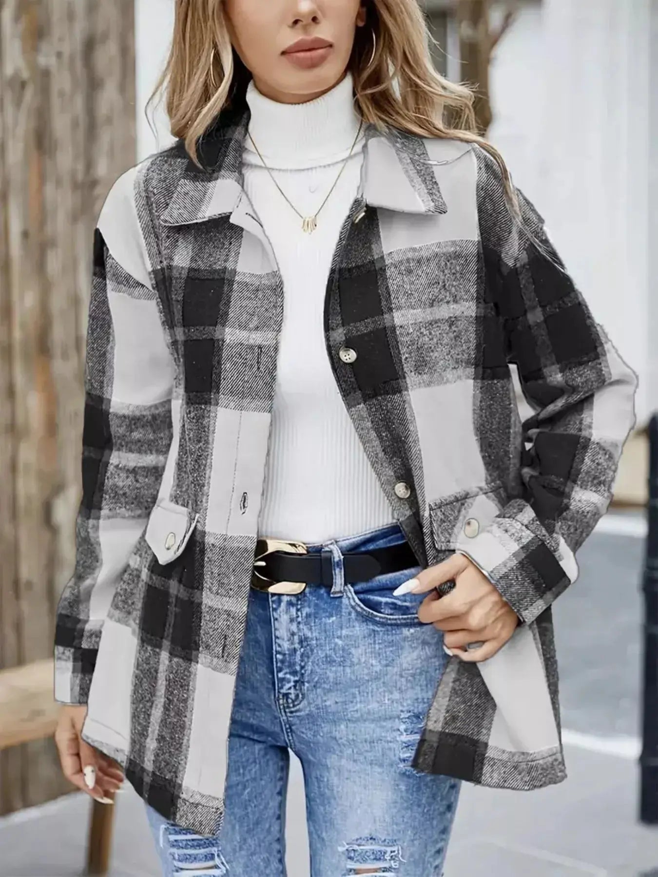 Plaid Button-Up Long Sleeve Shacket Simply Love