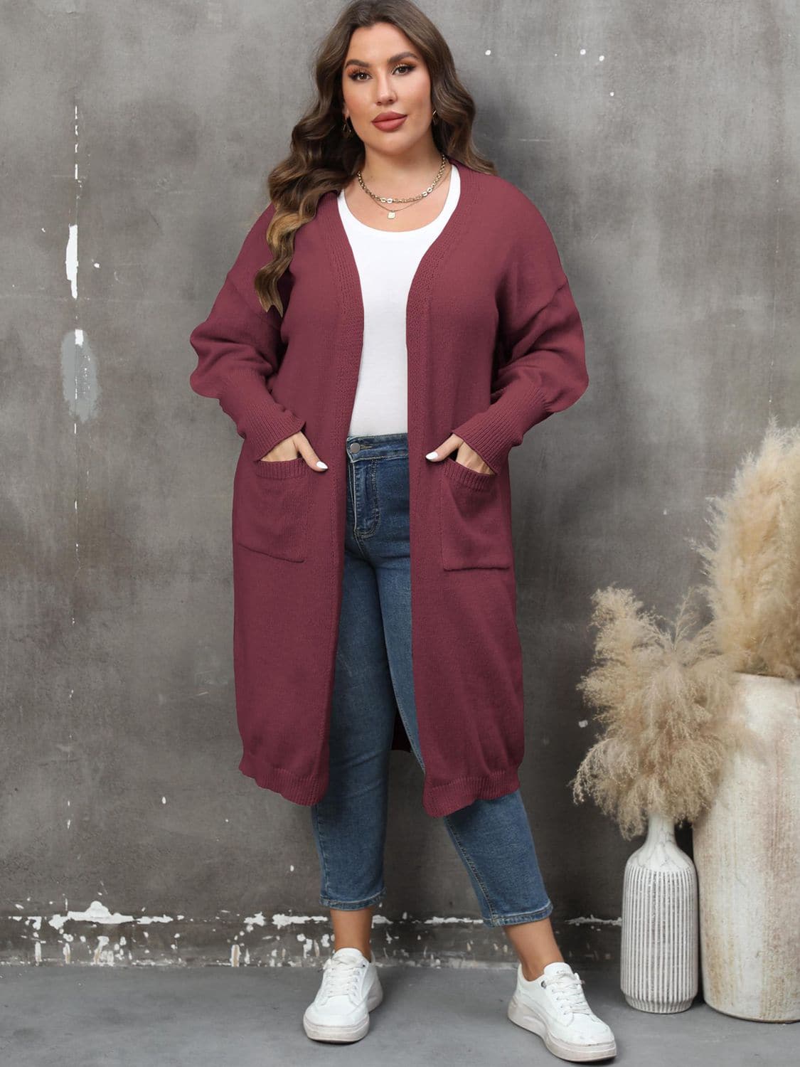 Plus Size Long Sleeve Pocketed Cardigan.