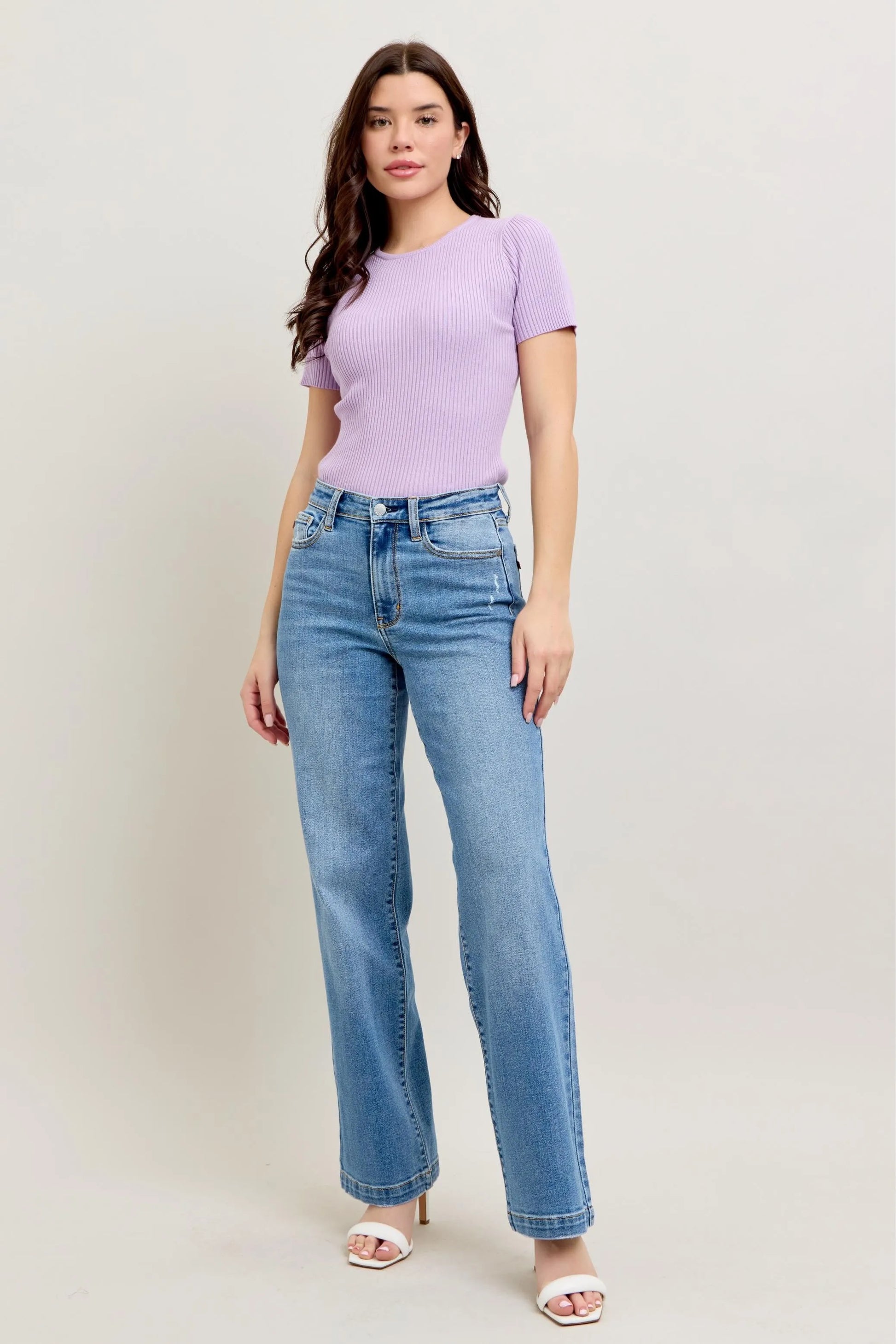 Judy Blue Plus Size High Waist Straight Leg Jeans in Medium Blue Wash - Love Salve 