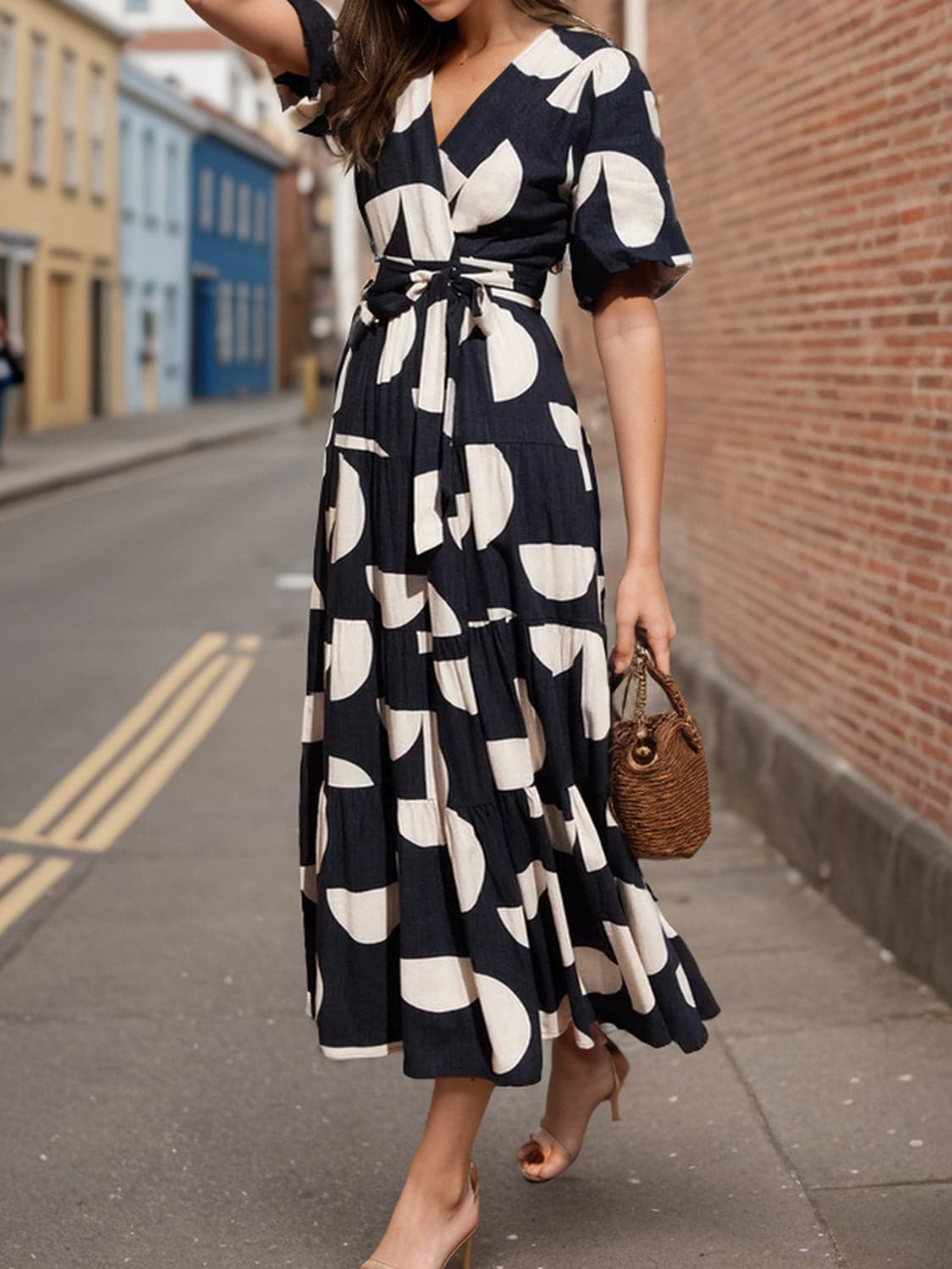 Tied Slit Printed Half Sleeve Midi Dress.