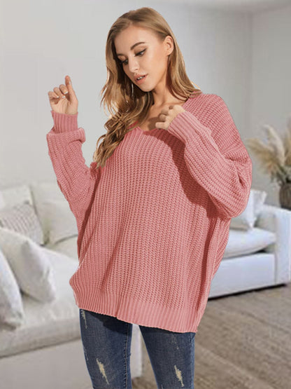 V-Neck Batwing Dropped Shoulder Sweater.