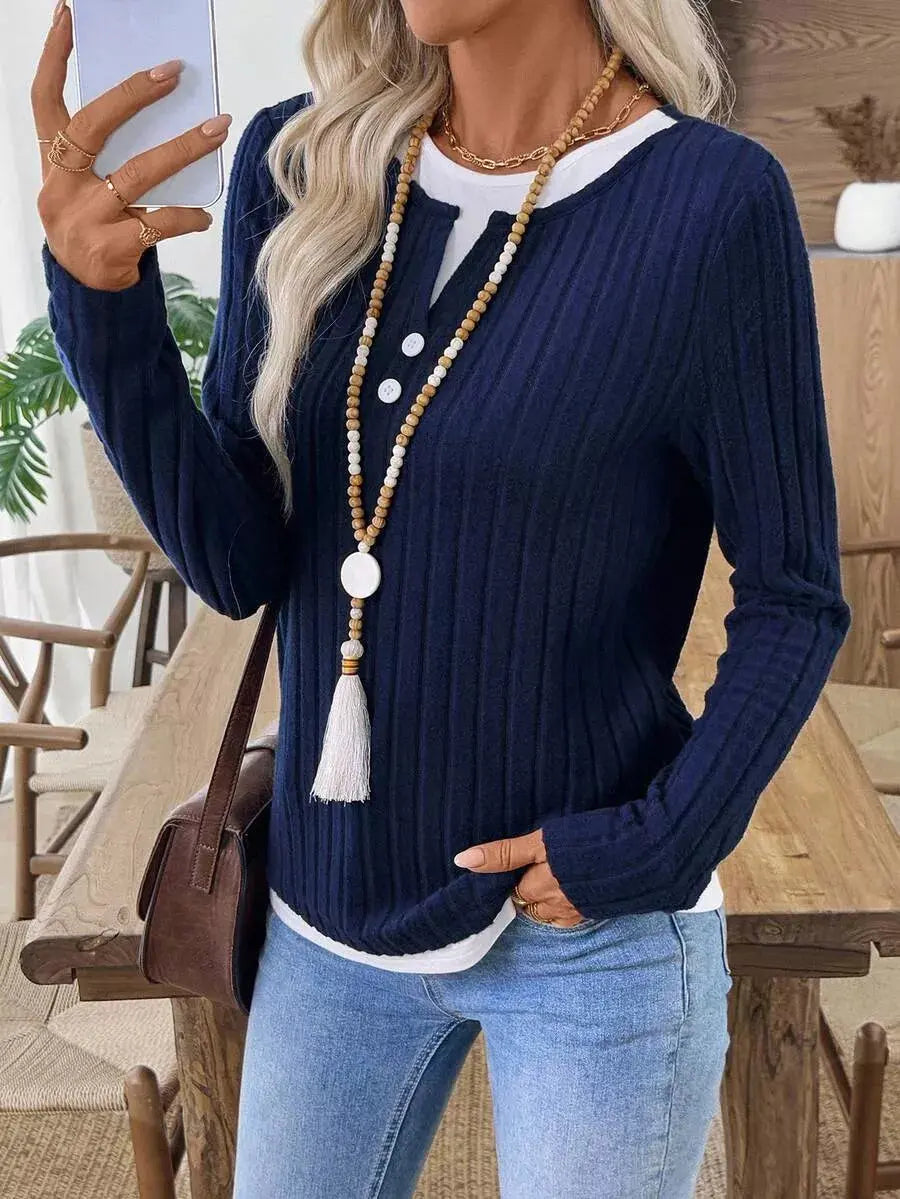 Ribbed Knit Long Sleeve Fake Two Piece T Shirt With Decorative Buttons Simply Love