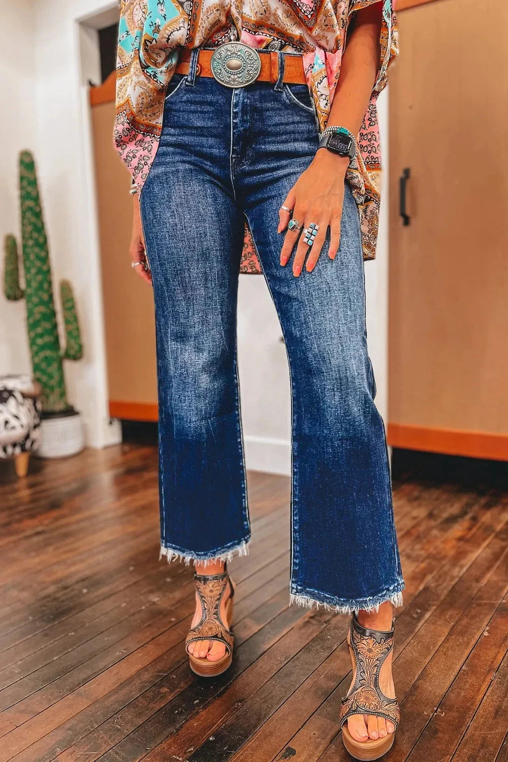 Mineral Wash Raw Hem High Waist Flared Jeans Simply Love
