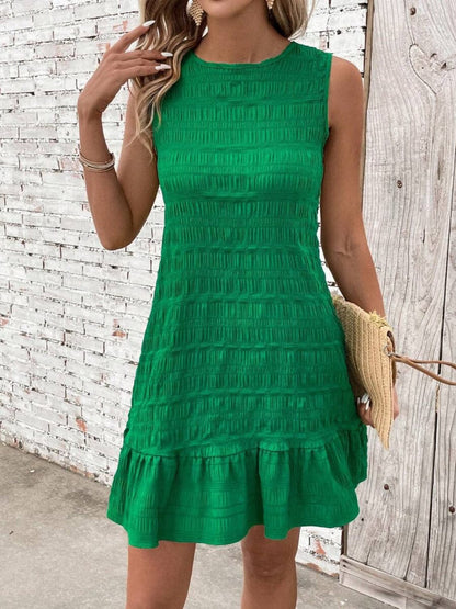 Textured Tied Round Neck Sleeveless Dress.