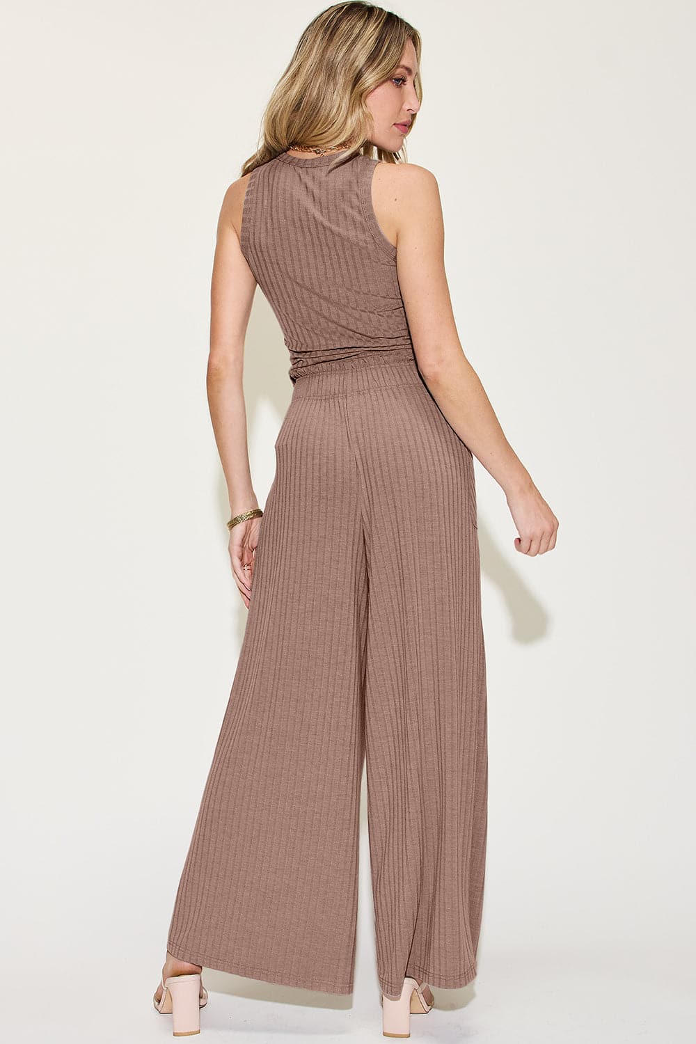 Basic Bae Full Size Ribbed Tank and Wide Leg Pants Set.