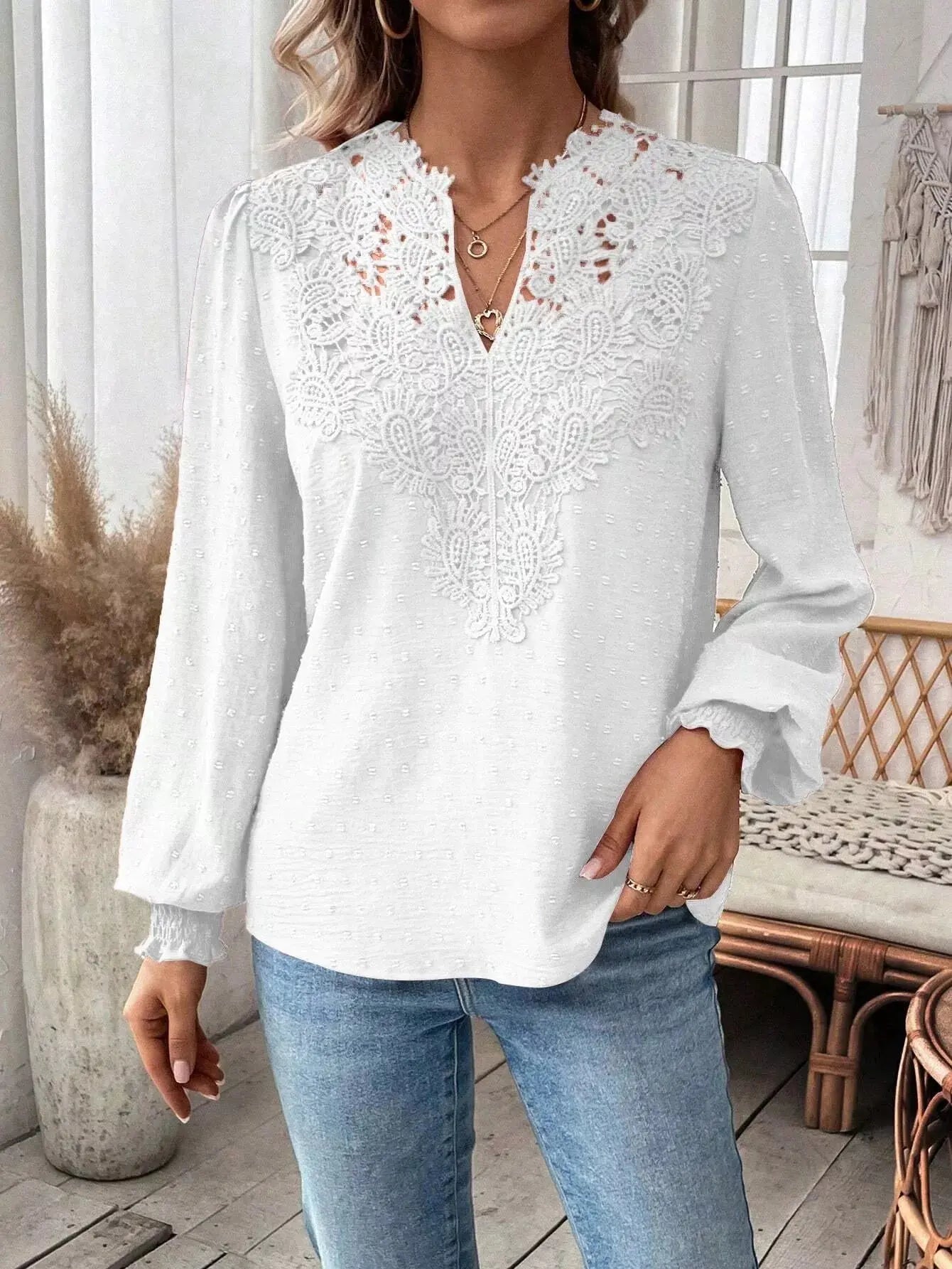 Lace Trim Long Sleeve Blouse Simply Love