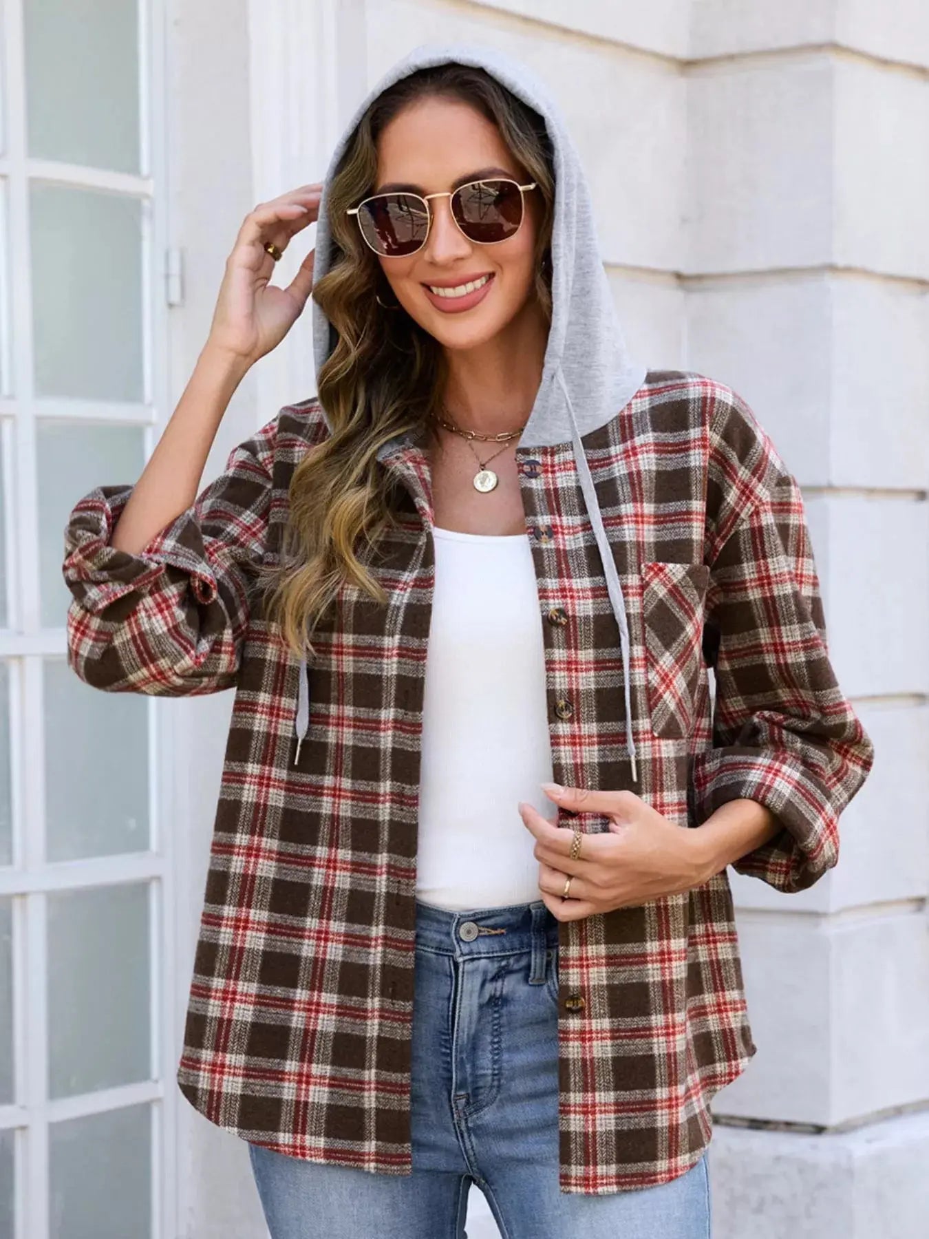 Navy Plaid Hooded Shacket Button Up With Pockets Casual Simply Love