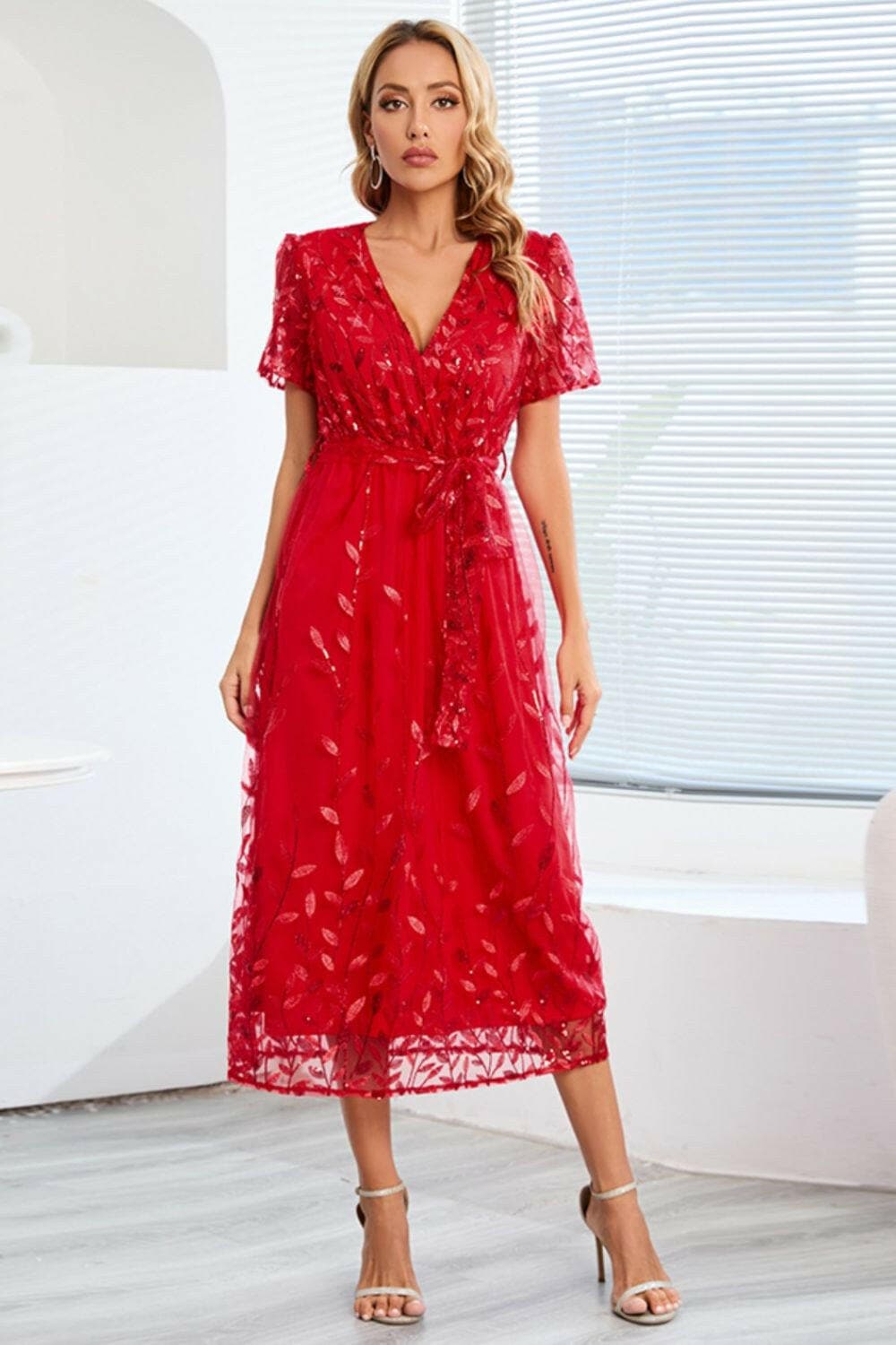 Sequin Leaf Embroidery Tie Front Short Sleeve Dress.