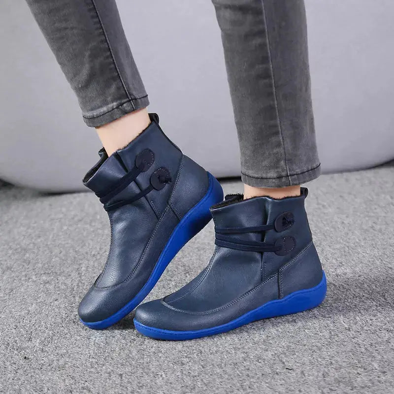 Women Button Detail Ankle Boots PU Leather Flat Heel Rubber Sole Simply Love
