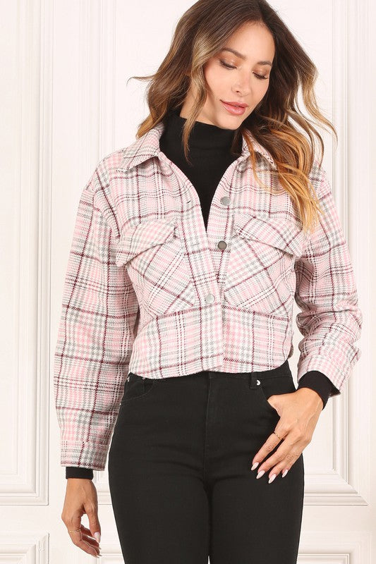 Chic plaid cropped jacket with shirt collar