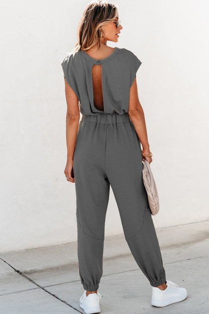 Cutout Drawstring Cap Sleeve Jumpsuit.