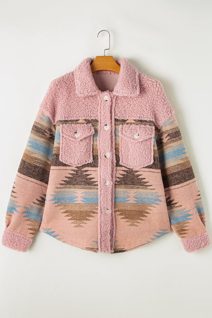 Cozy pink Aztec print sherpa coat with flap pockets