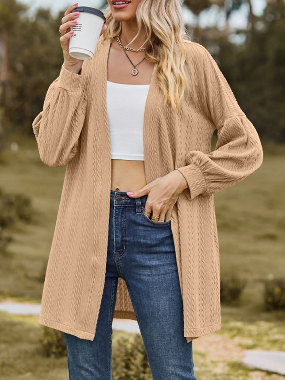 Textured Open Front Dropped Shoulder Cardigan