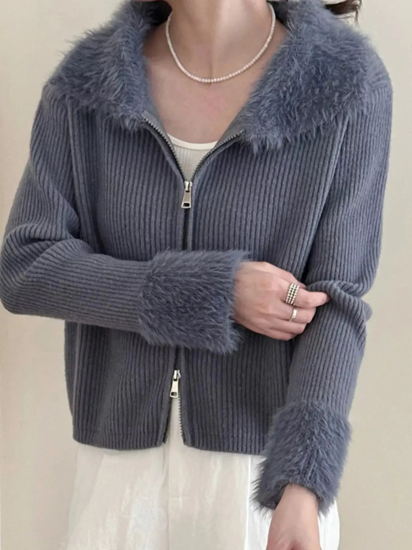 Fluffy Trim Zip-Up Cardigan Simply Love