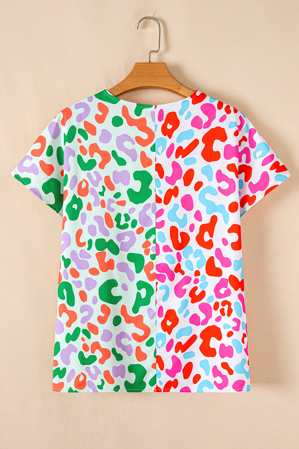 Green Leopard Print Patchwork V Neck Short Sleeve Blouse Divine Design4U