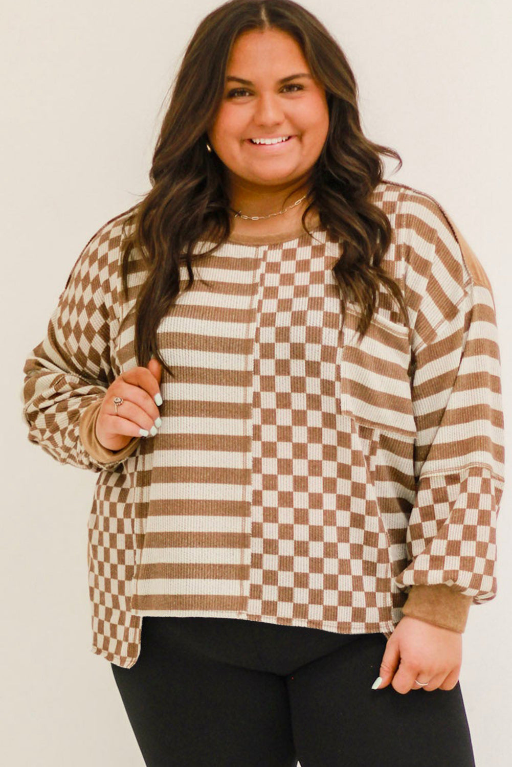 Chic khaki mixed print plus size top with chest pocket