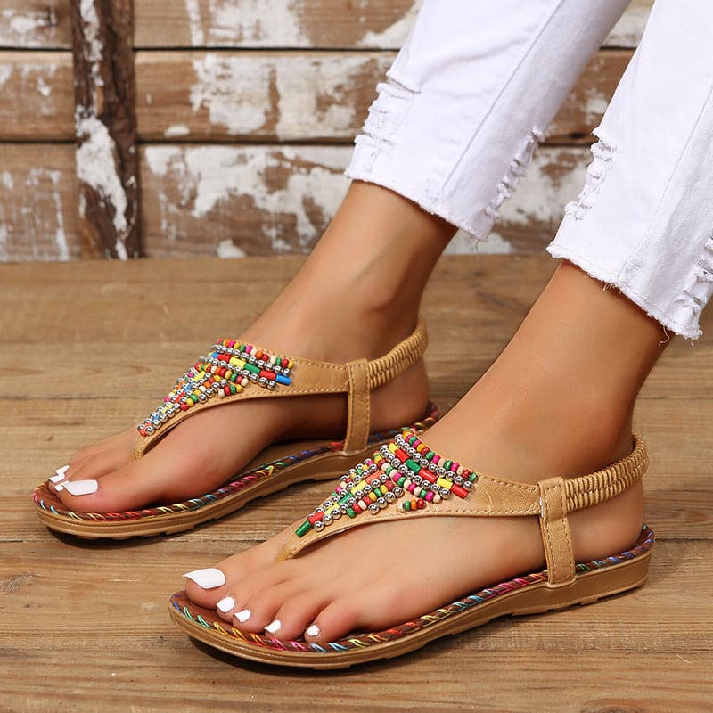 PU Leather Beaded Flat Sandals.