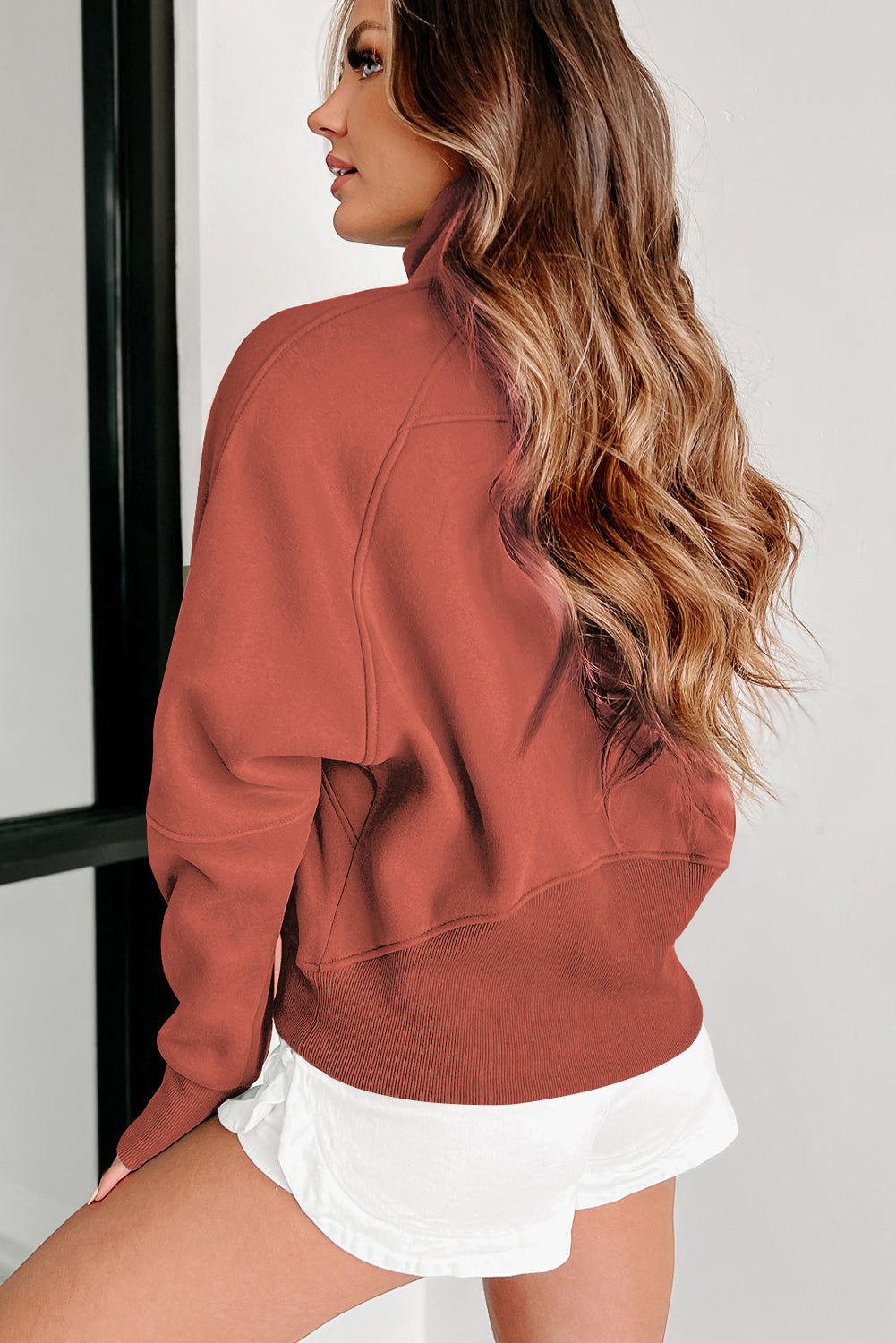 Cozy flamingo fleece zip sweatshirt with thumbhole sleeves