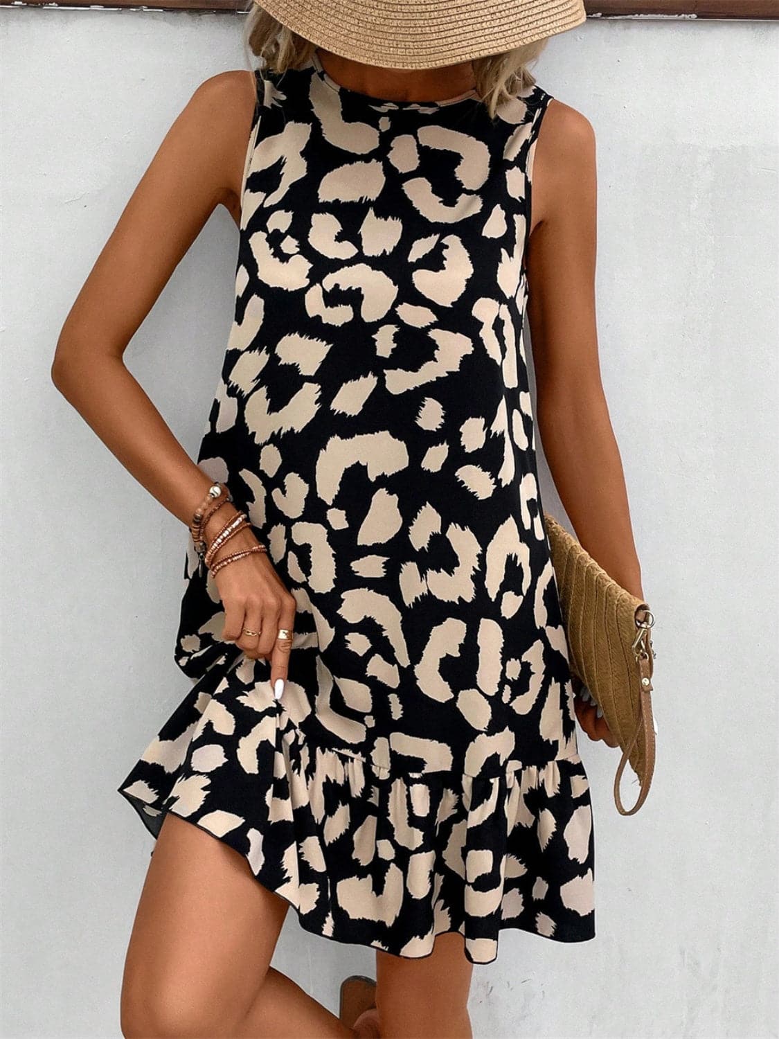 Tied Leopard Round Neck Tank Dress.