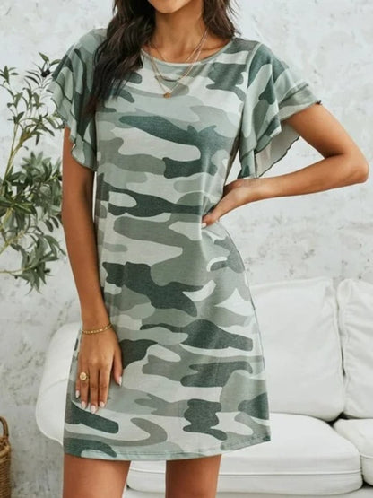 Camouflage Round Neck Short Sleeve Mini Dress.