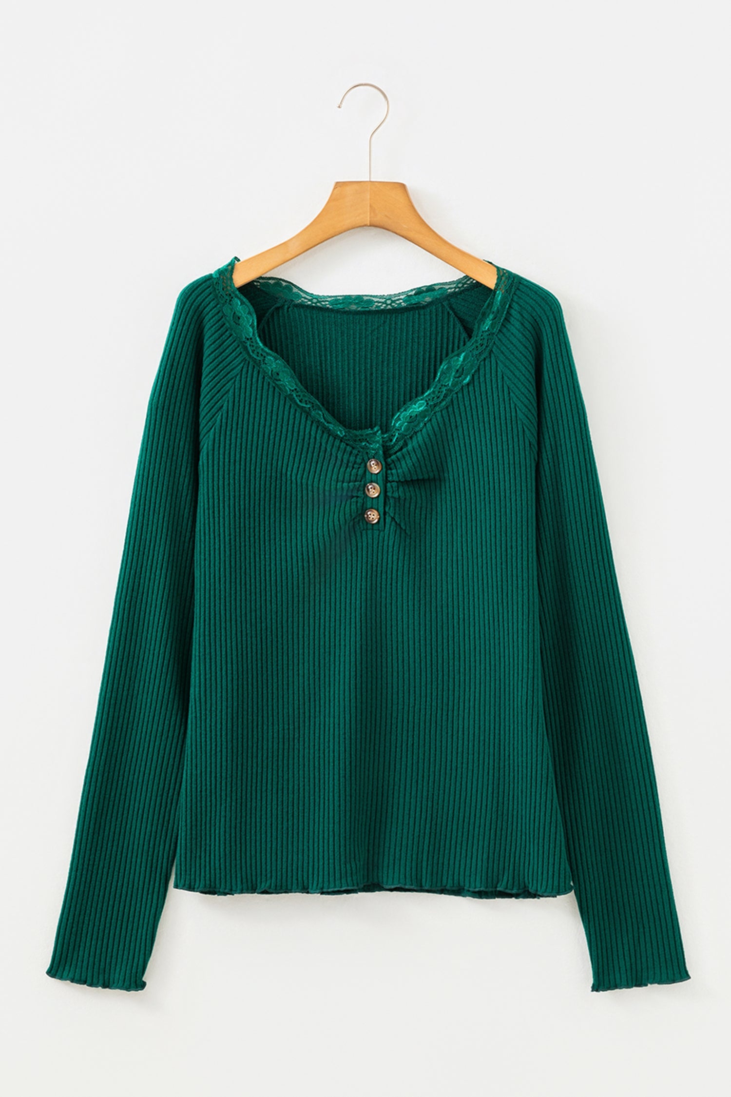 Skobeloff Lace Neckline Button Decor Lettuce Edge Long Sleeve Ribbed Top Dear-Lover Dropshipping