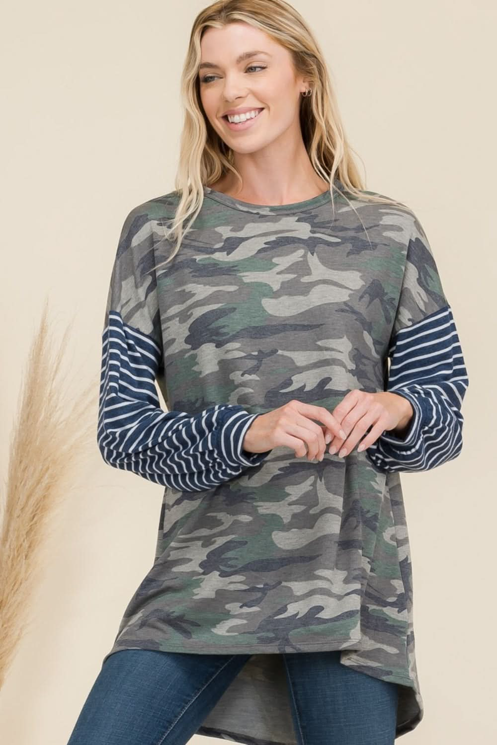 Celeste Full Size Camo Print High-Low T-Shirt with Stripe Sleeves