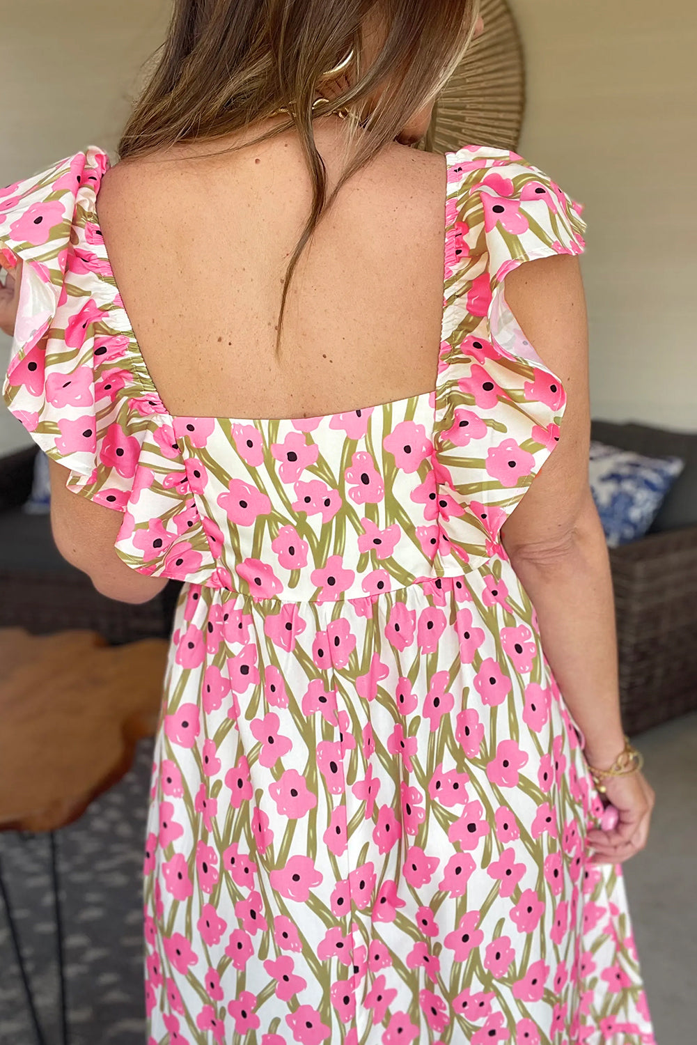 Plus Size Pink Floral Maxi Dress With Ruffle Trim And Square Neck High Waist Dear-Lover Dropshipping
