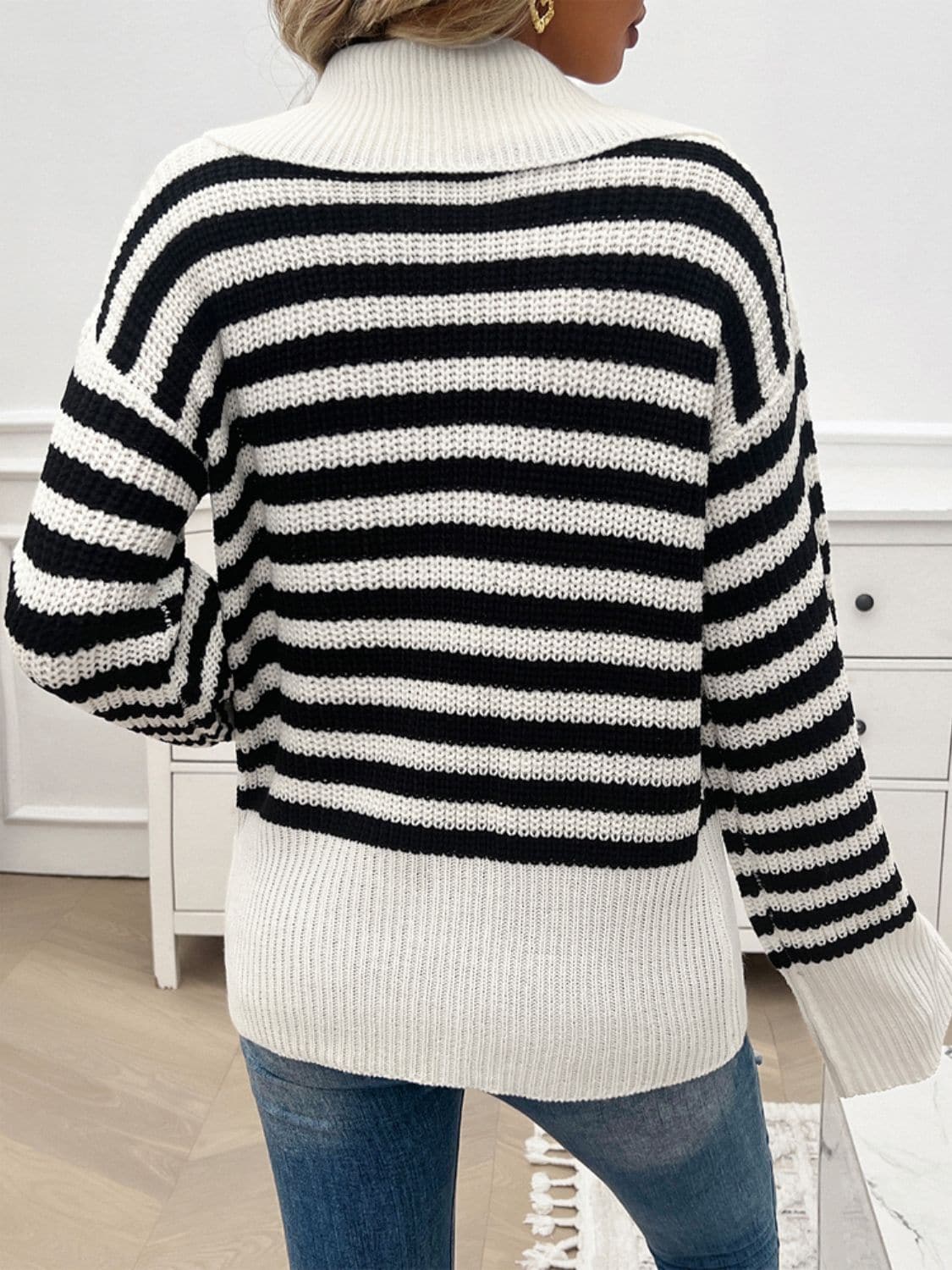 Striped Collared Neck Long Sleeve Sweater.