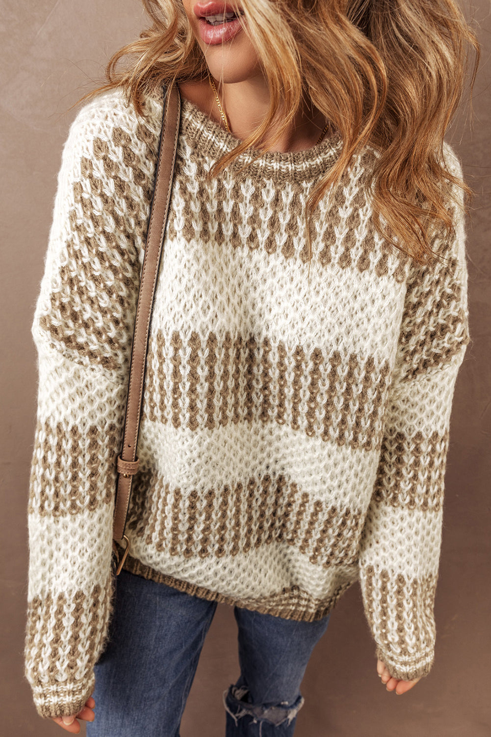 Chic brown striped oversized sweater with drop shoulders