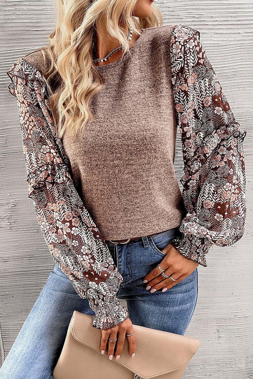 Heathered Floral Frill Lantern Sleeve Blouse.