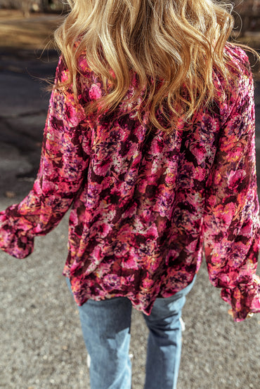 Chic rose red floral ruffled blouse with drawstring detail