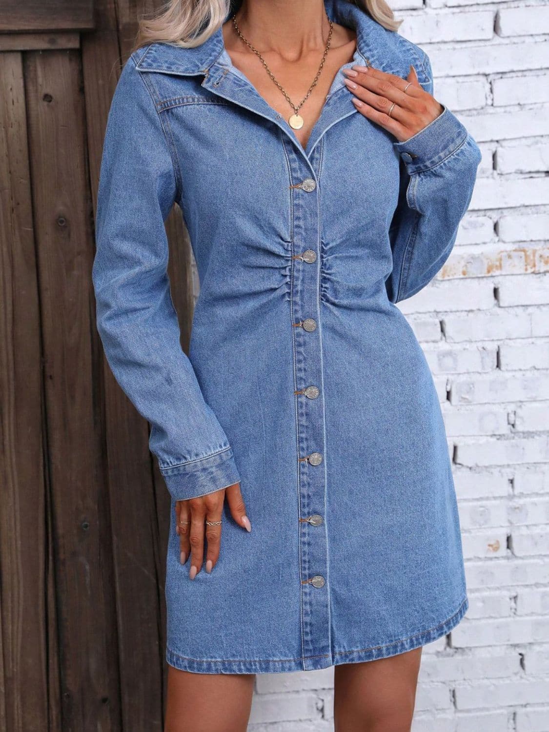 Ruched Button Up Long Sleeve Denim Dress.