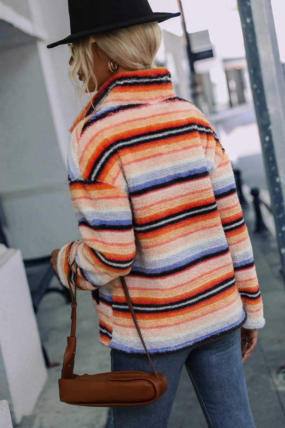 Striped Quarter Zip Dropped Shoulder Sweatshirt.