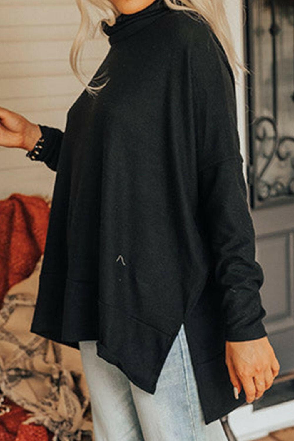 Cowl Neck Long Sleeve Slit Blouse.