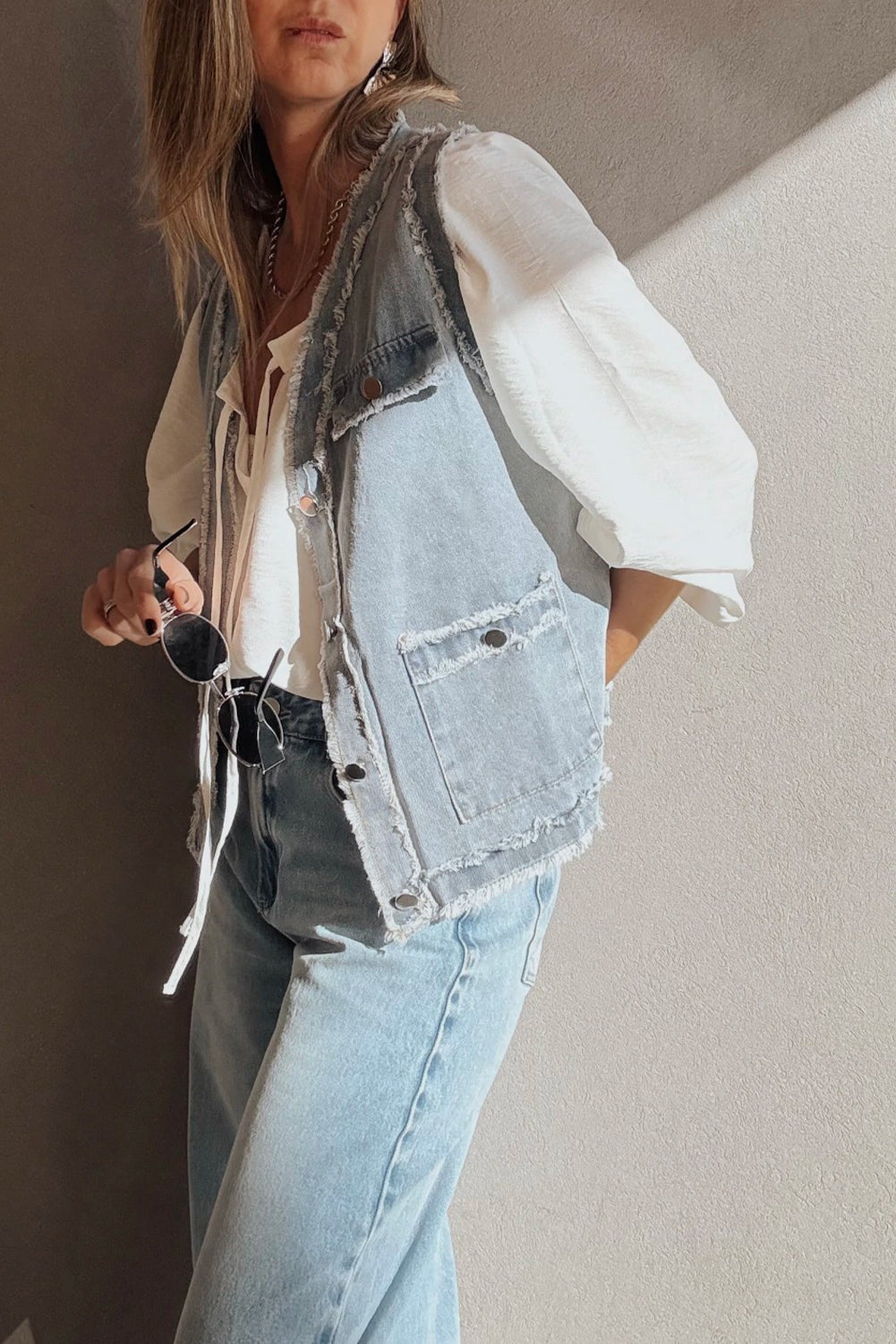 Beau Blue Frayed Edge Denim Vest Jacket With Flap Pockets For Casual Streetwear Essentials Dear-Lover Dropshipping