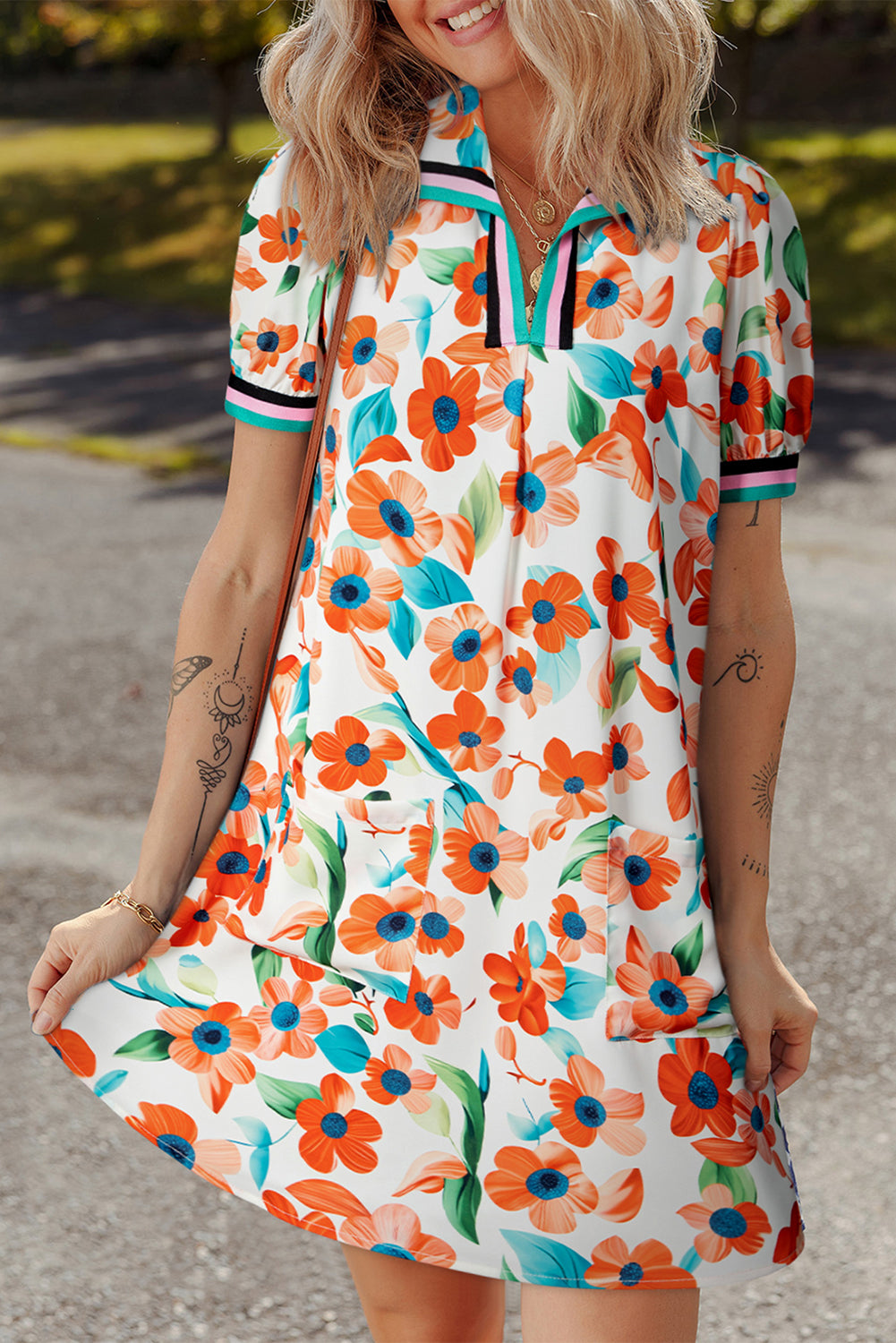 Orange Contrast Trim Floral Split Neck Puff Sleeve Mini Dress