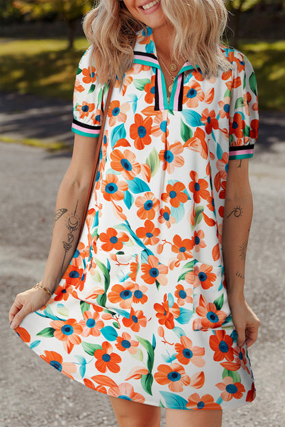 Orange Contrast Trim Floral Split Neck Puff Sleeve Mini Dress