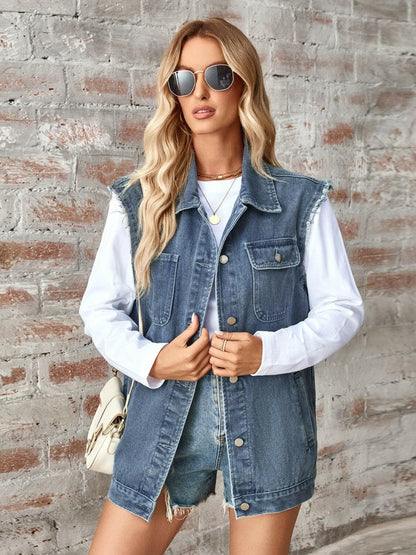 Raw Hem Sleeveless Button Up Denim Jacket.