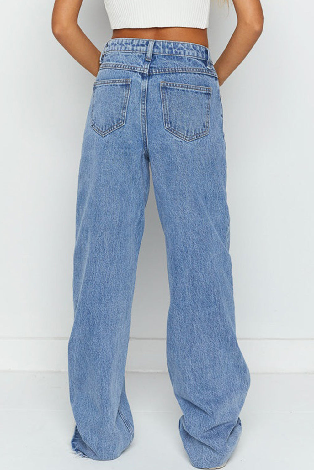 Blue Mid Rise Asymmetrical Waist Wide Leg Jeans for Women