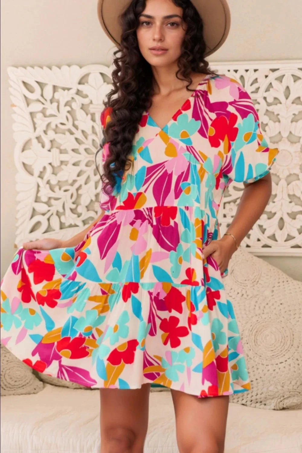 Floral Bubble Sleeve V Neck Tiered Ruffle Babydoll Dress Simply Love