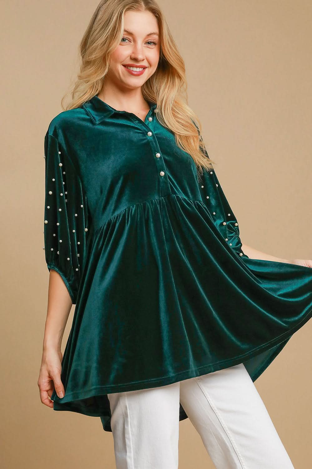 Elegant Velvet Babydoll Blouse with Pearl Accents and Half Sleeves