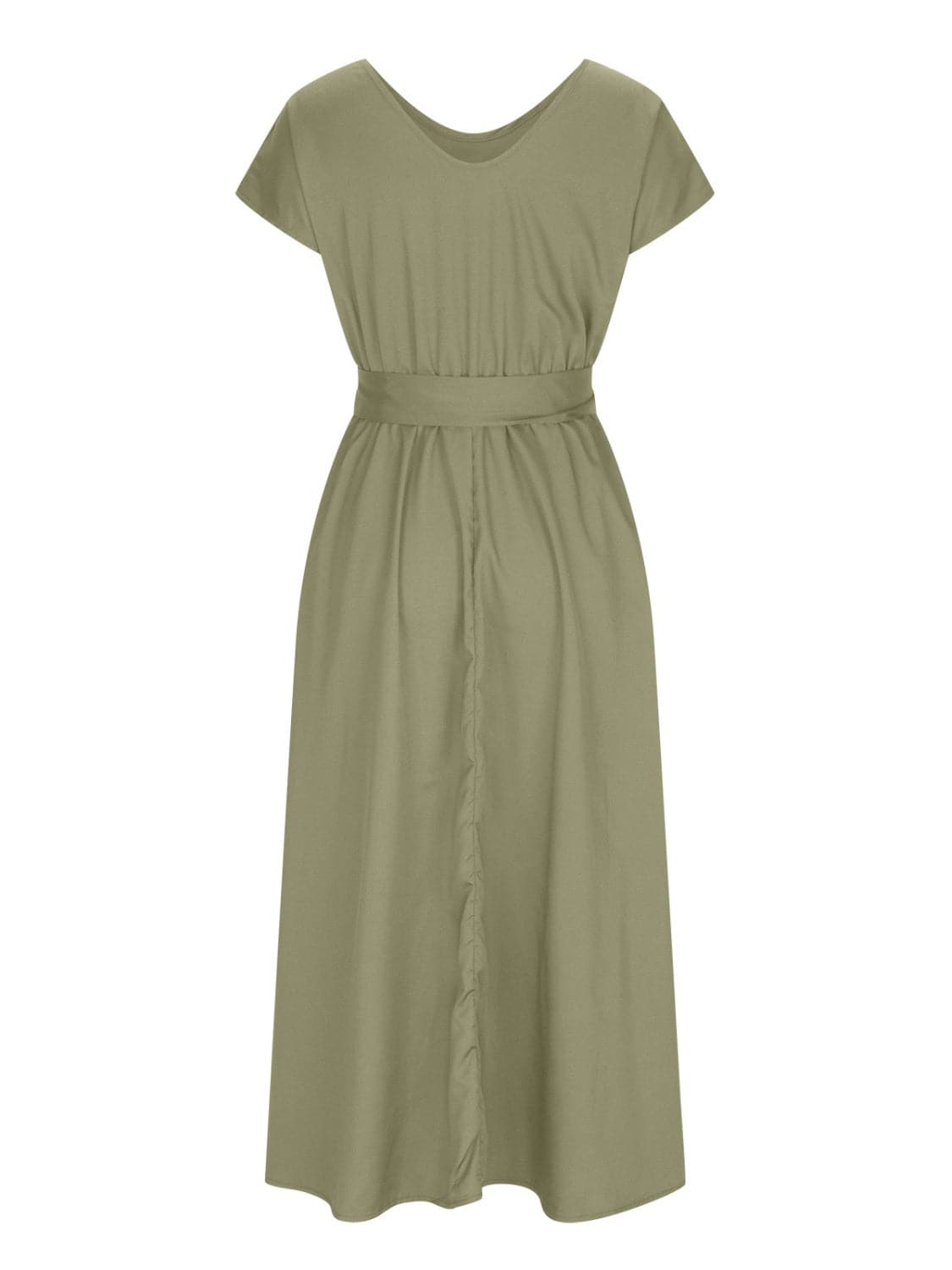 Ruched V-Neck Cap Sleeve Dress.