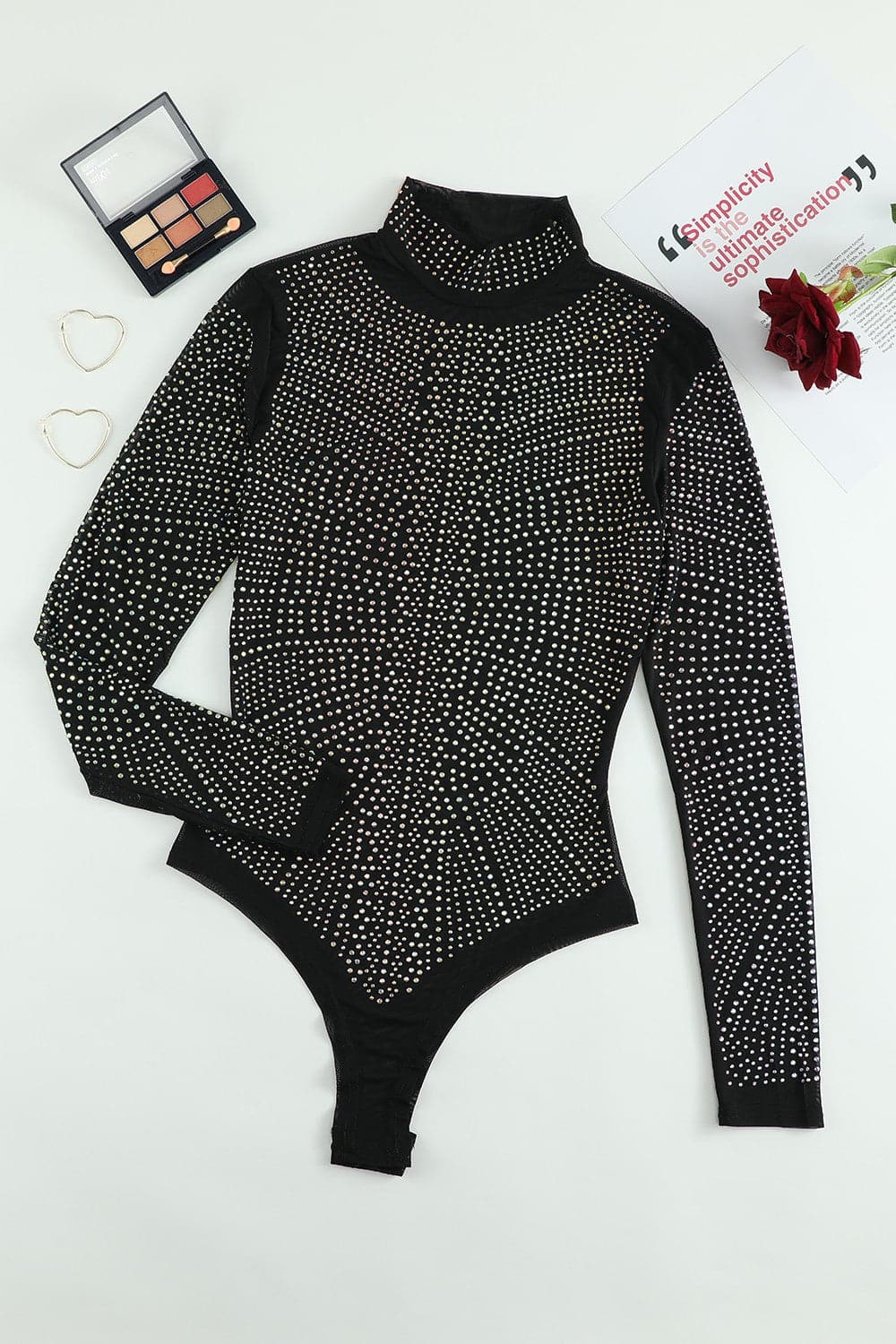 Rhinestone Mock Neck Long Sleeve Bodysuit.