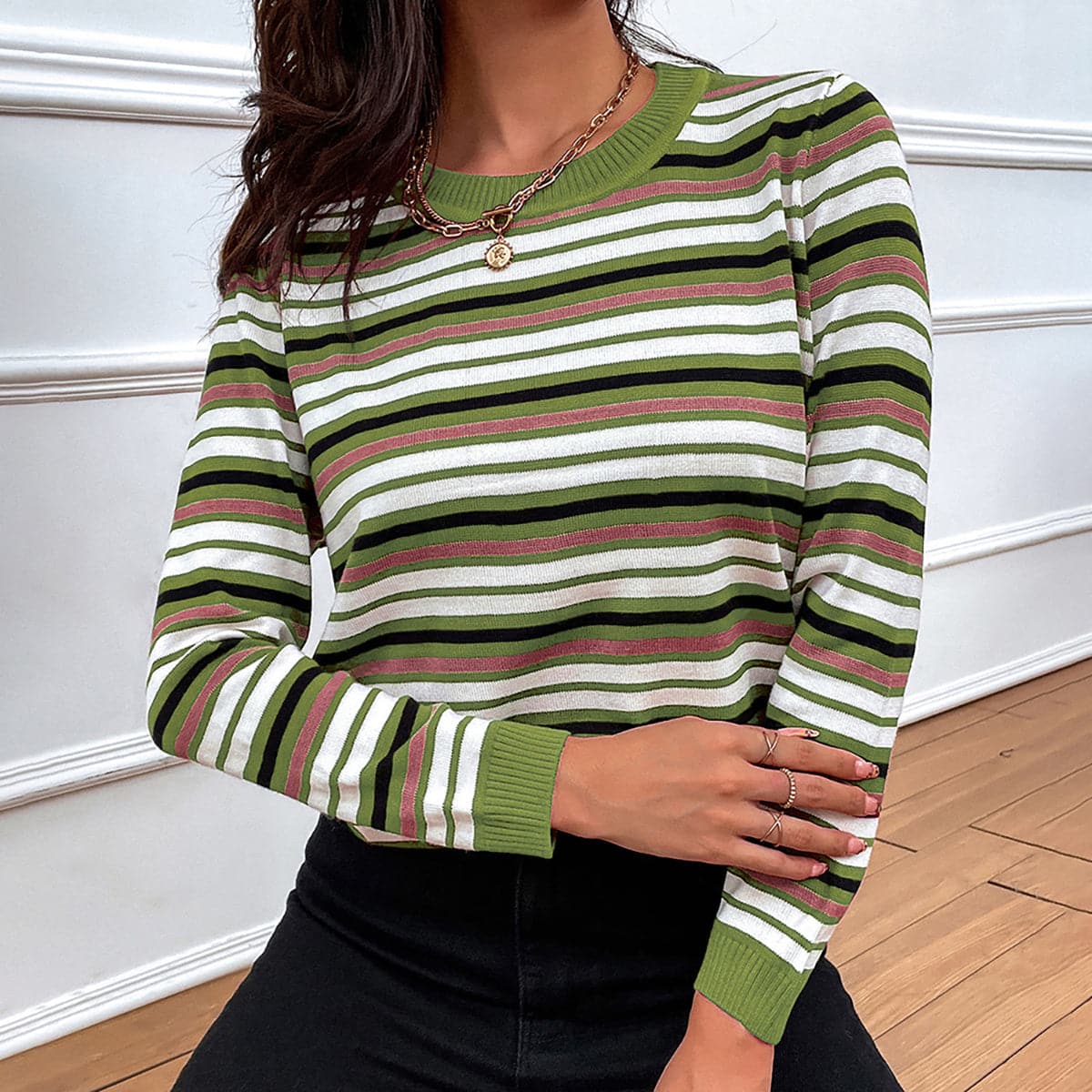 Striped Round Neck Long Sleeve Sweater.